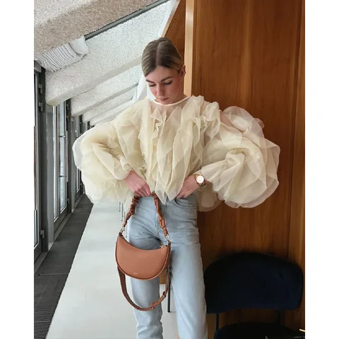 Женская многослойная рубашка с оборками, модный короткий топ с круглым вырезом и длинными рукавами, весна 2024