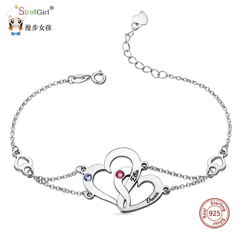 StrollGirl New Personalized 925 Silver Interlocking Two Heart Birthstones Bracelet Engraved Couple name Custom Valentine's Gift
