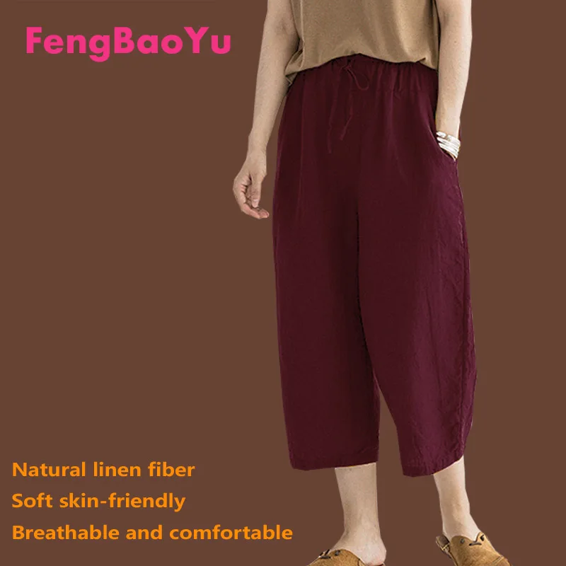 Fengbaoyu Flax Loose Waist Summer Ladies' Seven-cent Trousers  French Retro Leisure Cool Size 5XL Women Baggy Pants Streetwear