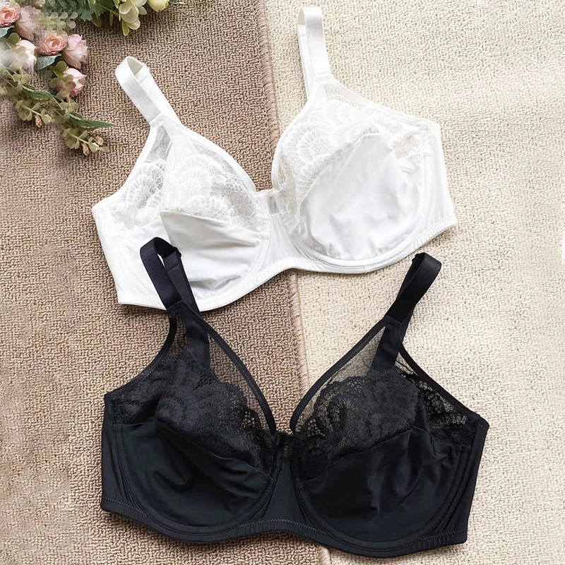 Comfortable Womens Lace Floral Minimizer Bra Full Coverage Non Paded Underwire Female Lingere 34 36 38 40 42 C D E Solid White