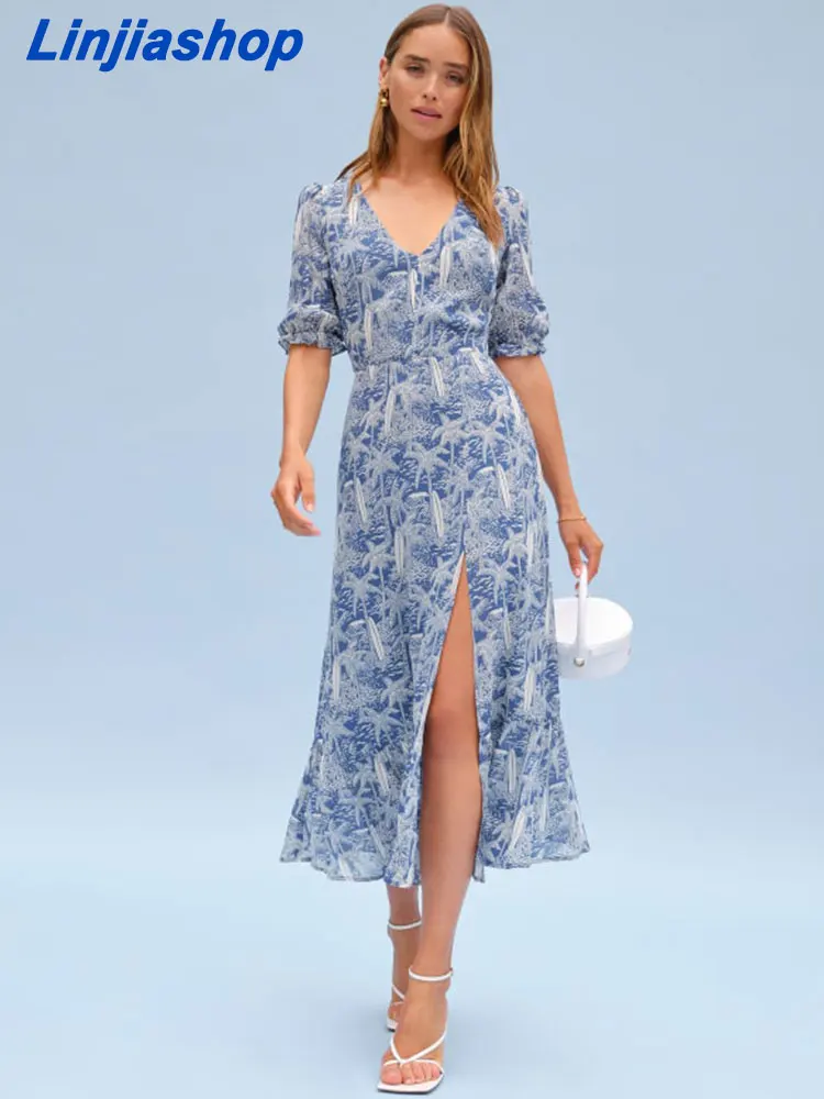 

Summer women midi dress slim floral print v neck fashion blue holiday short sleeves party long split dress 2022516