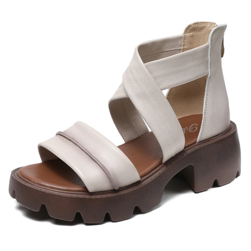 

Fashion Women's Summer Sandals 2023 New Elegant High-top Chunky Heels Genuine Leather Woman Shoes Open Toe Hollow Out Boots Lady