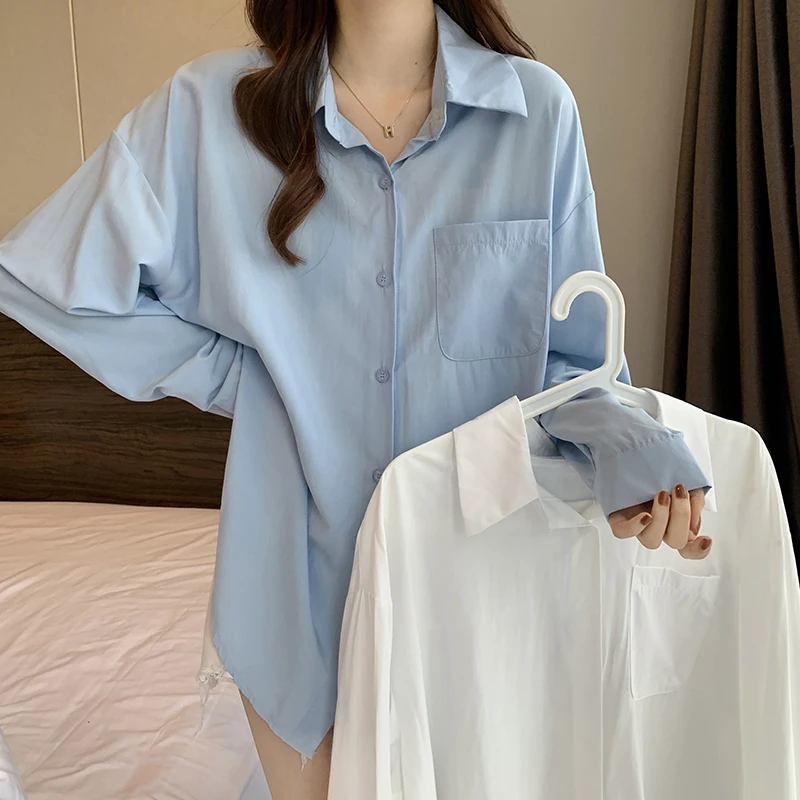 

Женская блузка с карманами, базовая белая Свободная рубашка в Корейском стиле, 2 цвета, весна-осень 2022
