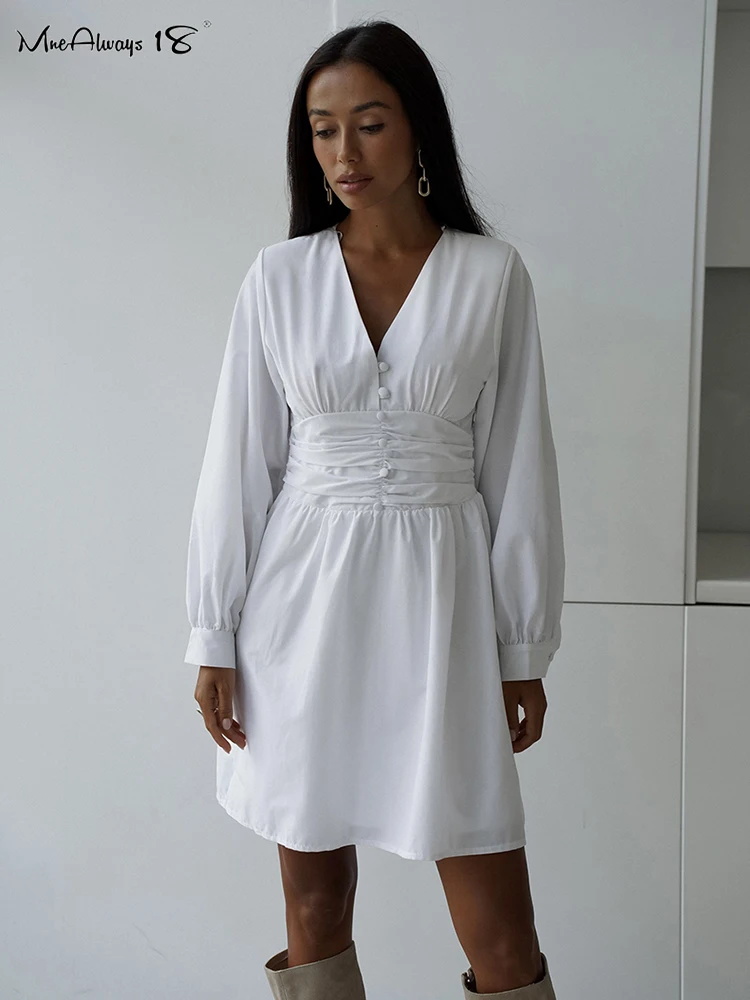 

Mnealways18 White Ruched Party Dress Women Elegant Luxury A-Line Button Mini Dress V-Neck Office Ladies Ruched Shorts Dress 2023