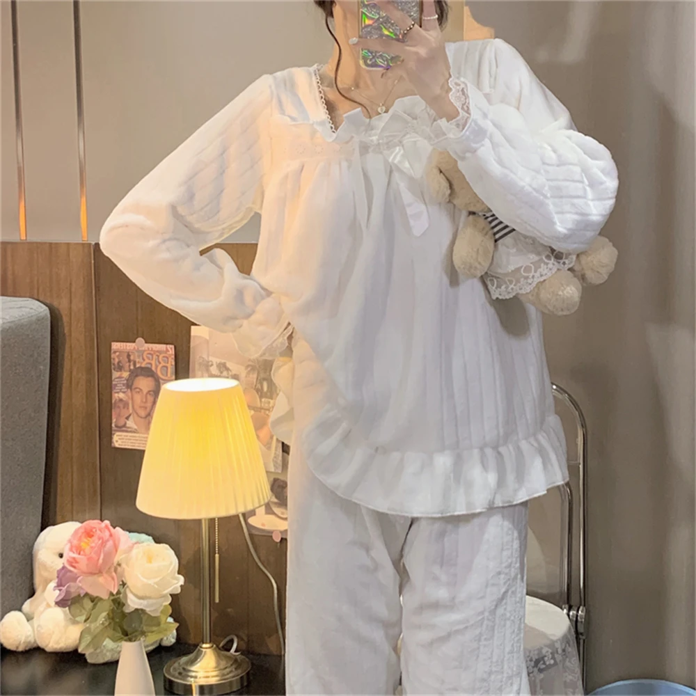 

Alien Kitty Loose Sweet Hot Women Sleep Clothe Bow Soft New Home Wear Patchwork Lace 2022 Spring Fashion Casual Pajama Suits