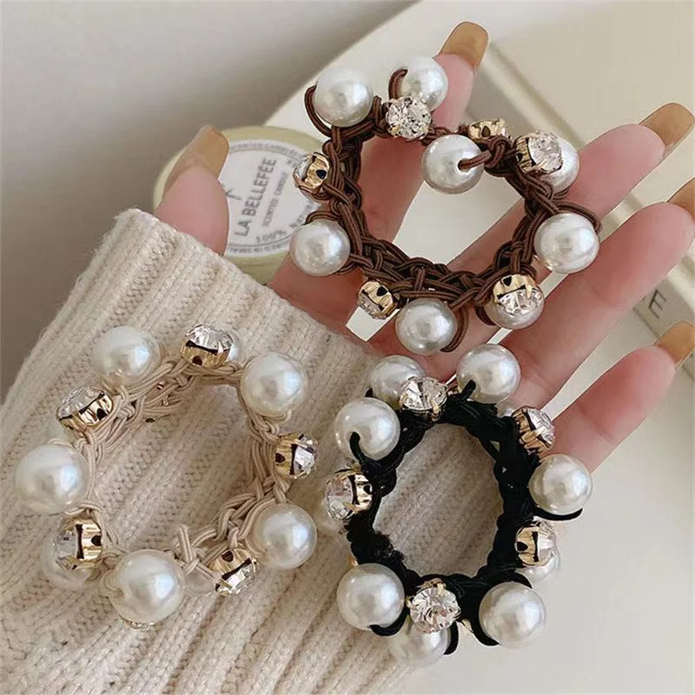 

Elegant Pearl Rhinestone Hair Rope for Women Fashion Ball Bun Headband Ponytail Rubber Band Female Ornament Accessories Gifts