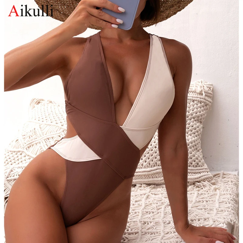 

Sexy Splice One piece Swimsuit Women V-Neck Back Cross Swimwear 2023 Summer New Monokini Bodysuit Bathing Suits Bather Beachwear