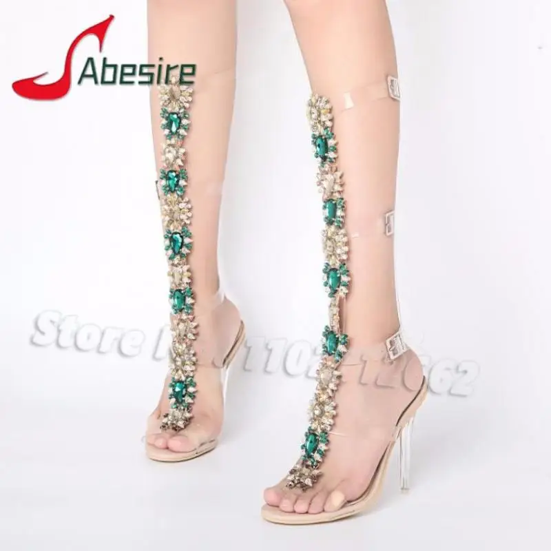 

Rhinestone Women's High Heel Sandals Sexy Crystal PVC Transparent T-Strap Stiletto Gladiator Sandal Boots Fashion Party Shoes