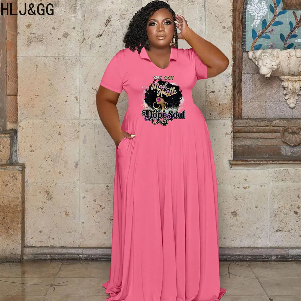HLJ&GG Casual Plus Size Pattern Printing Floor Dresses Women Turndown Collar Short Sleeve A-line Robe Vestidos Female Dress 5XL