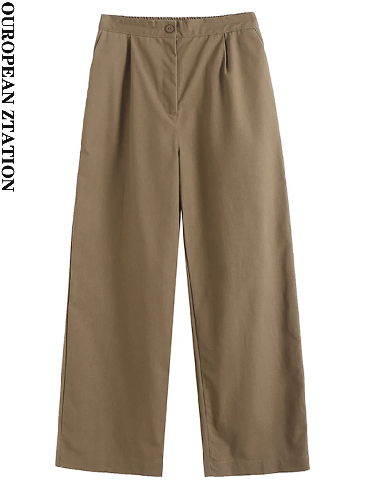 PAILETE Women 2023 fashion side pockets linen wide leg pants vintage high waist zipper fly female trousers mujer