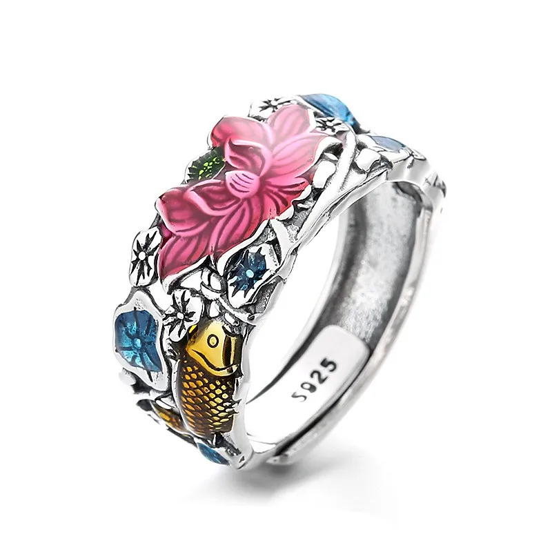 

749JM ZFSILVER Silver 925 Fashion Trendy Adjustable Retro Elegant Glaze Flower Lotus Gold Carp Fish Rings Women Wedding Jewelry