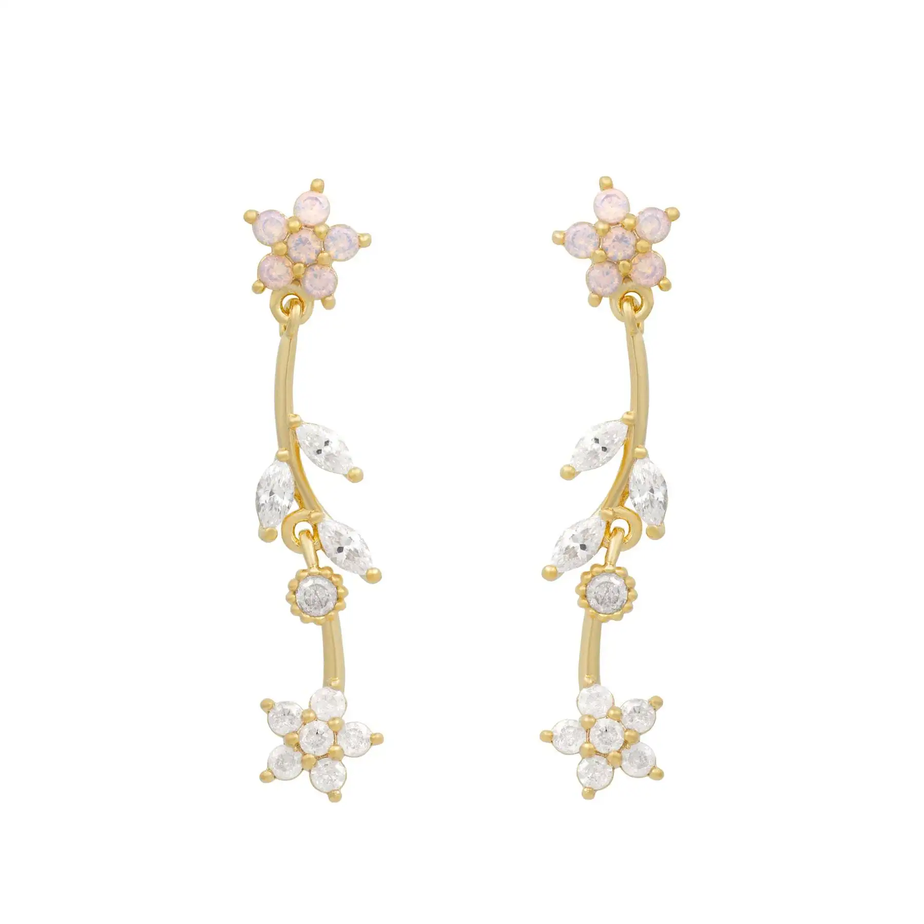INS Fashion Jewelry Pink Zircon Flower Long Earrings For Women Temperament Flower Stud Earrings pendientes largos mujer