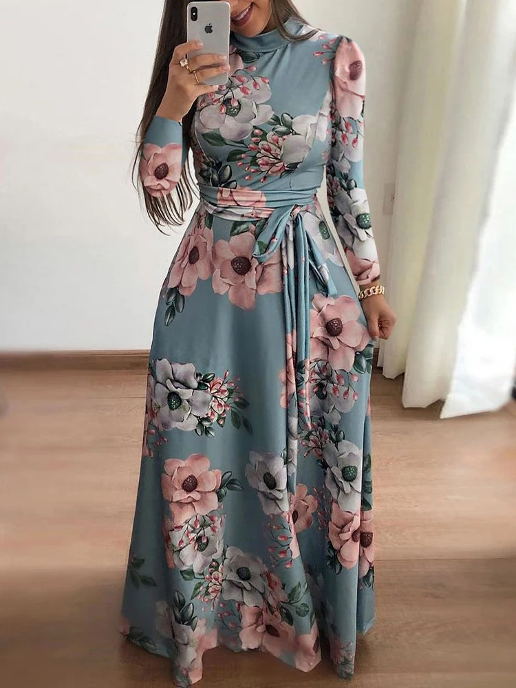 

OUSLEE Floral Printed Maxi Dresses for Women Autumn Winter Lace Up Dress With Belt Long-sleeved High-neck Party Dress Streetwear