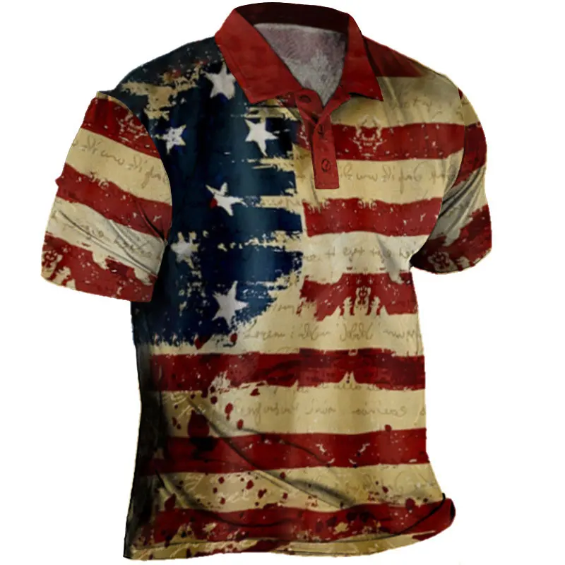 

Casual Short Sleeve Retro Shirts Summer Flag Printed Men's Polo Shirt Turn Down Collar Outdoor Tactical Shirts
