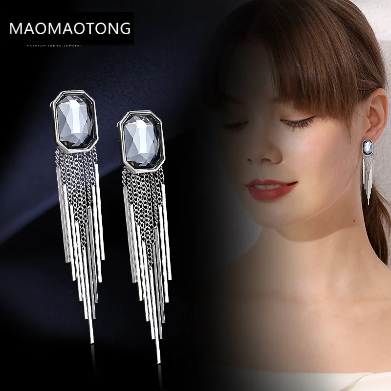 

Fashion Jewelry Tio Sterling Earrings White Crystal Tassel Design Tassel Big Earrings Top Quality Fashion Party Women Jewelry