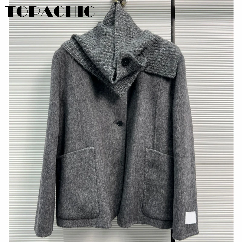 

10.27 TOPACHIC Women's Temperament High Quality Knitted Scarf Detachable Long Sleeve Pocket Wool Coat