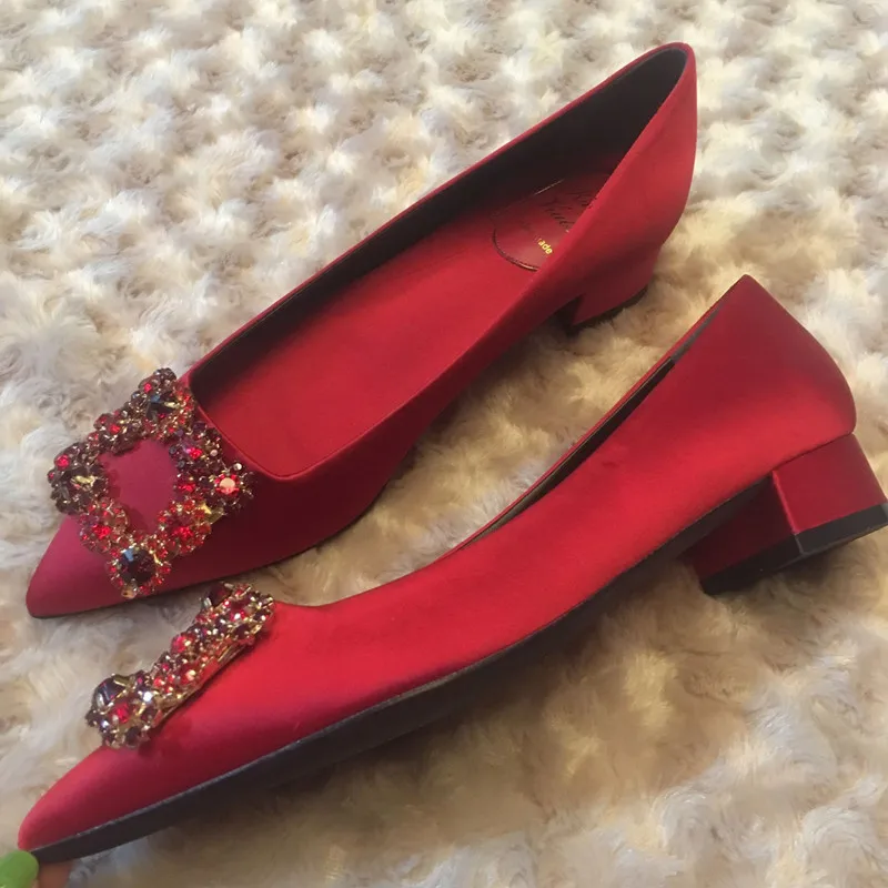 Luxury New Rhinestone Square Button Silk Women Pumps Lady Shallow Thick-heeled Pointed Toe Comfortable Elegant High heels Shoes