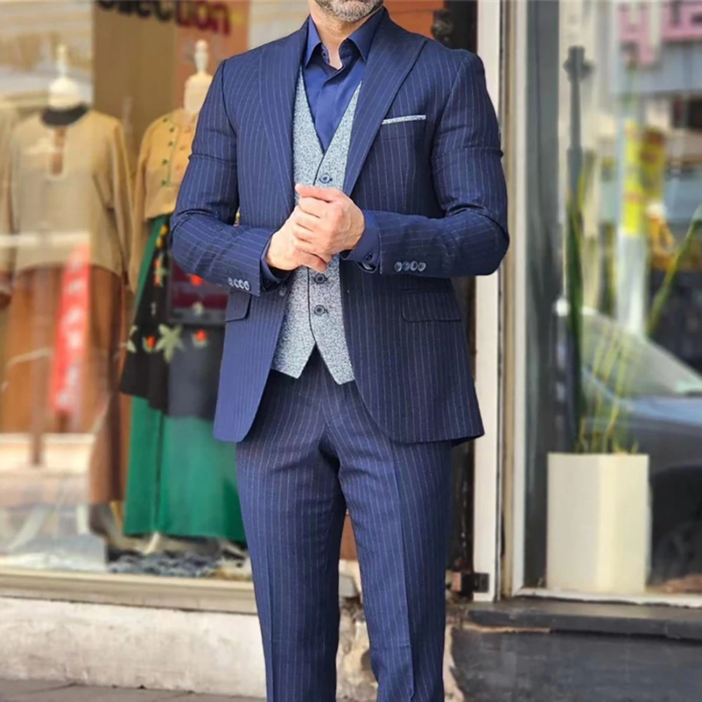 Элегантные темно-синие полосатые мужские костюмы деловой Блейзер смокинг для