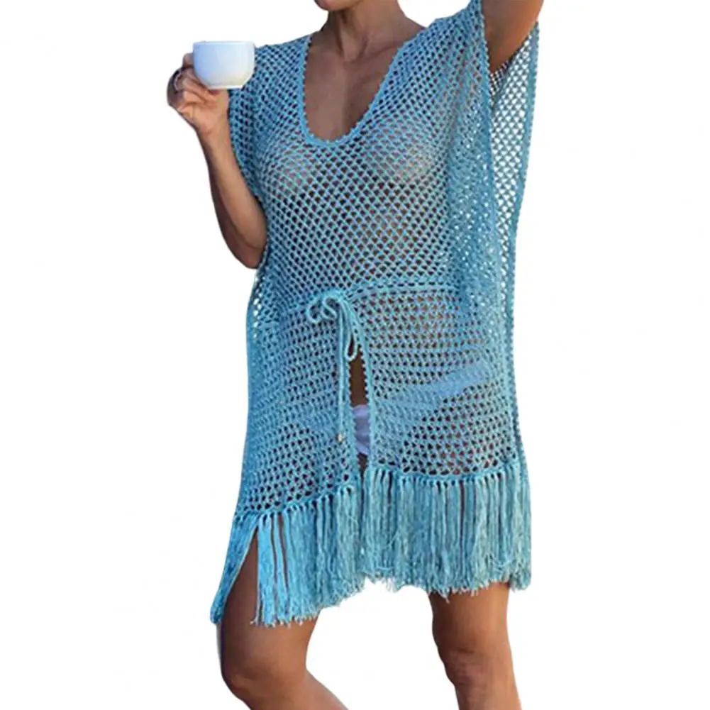 

V-neck Waist Drawstring Short Sleeve Split Hem Cover Up Dress Crochet Hollow Tassel Pendant Swimwear Cover Up for Female Clothes