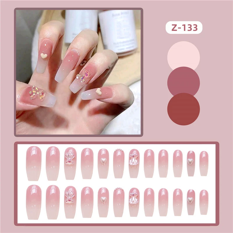 

Новинка 24 шт розовый длинный пресс на ногтях милый медведь и жемчуг дизайн поддельные ногти полное покрытие милый медведь и жемчуг дизайн п...