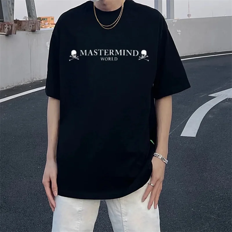 

Mastermind Japan Black Cotton T-Shirt 24Aw Mmj Skull Men'S And Women'S Style Letter Print Loose Couple Dress Short Sleeve Top