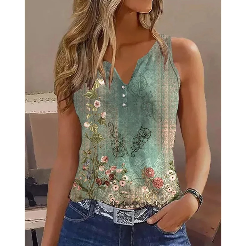 

Summer Women Floral Print Sleeveless Casual Tank Top T-shirt V-Neck Fashion Femme Casual Blouses Outfits Streetwear