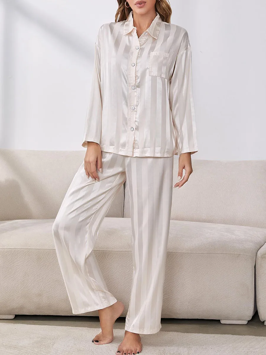 

Женский пижамный комплект, рубашка с длинным рукавом и застежкой на пуговицах и штаны, одежда для сна в полоску, одежда для отдыха