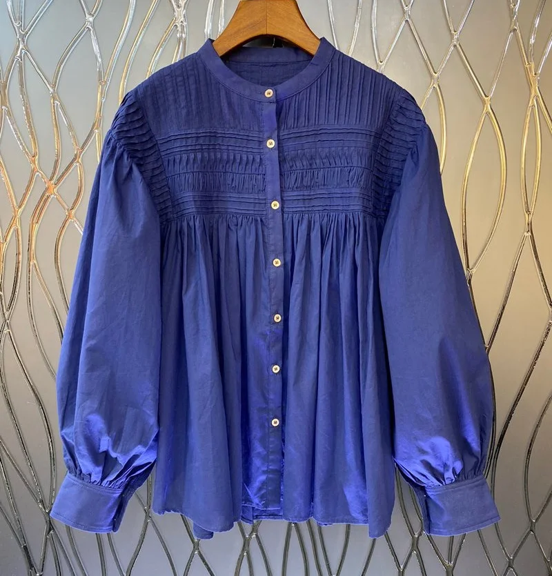 100%Cotton Blouse 2022 Summer Fashion Shirts High Quality Women Pleated Deco Long Sleeve Casual Dark Blue Blouse Loose Shirt