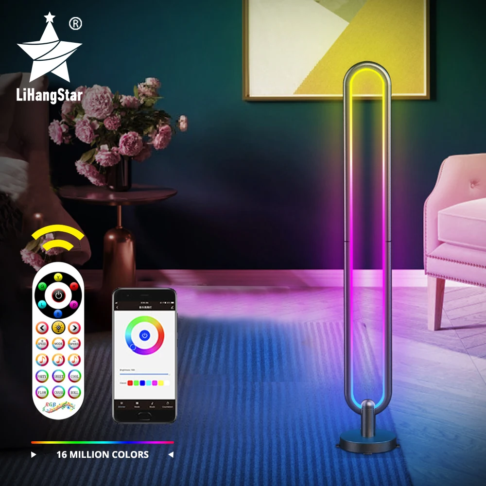 Светодиодная напольная лампа Rgb U-образной формы, Современная вертикальная лампа для гостиной, спальни, декоративная лампа с дистанционным управлением через приложение - изображение