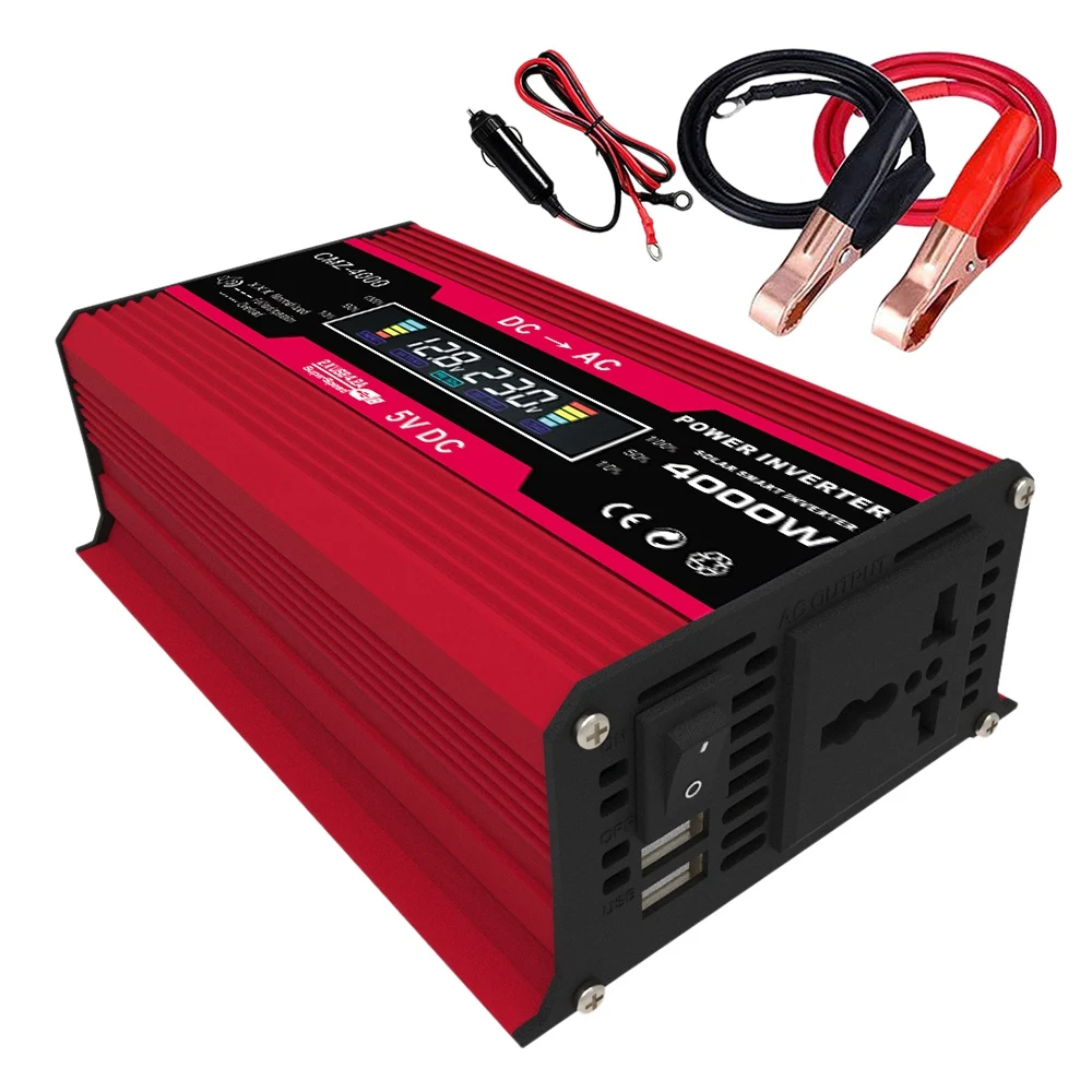 

4000W Peak Solar Car Power Inverter DC 12V to AC 220V Car Adapter Converter with LCD Intelligent Display AC Outlets Red