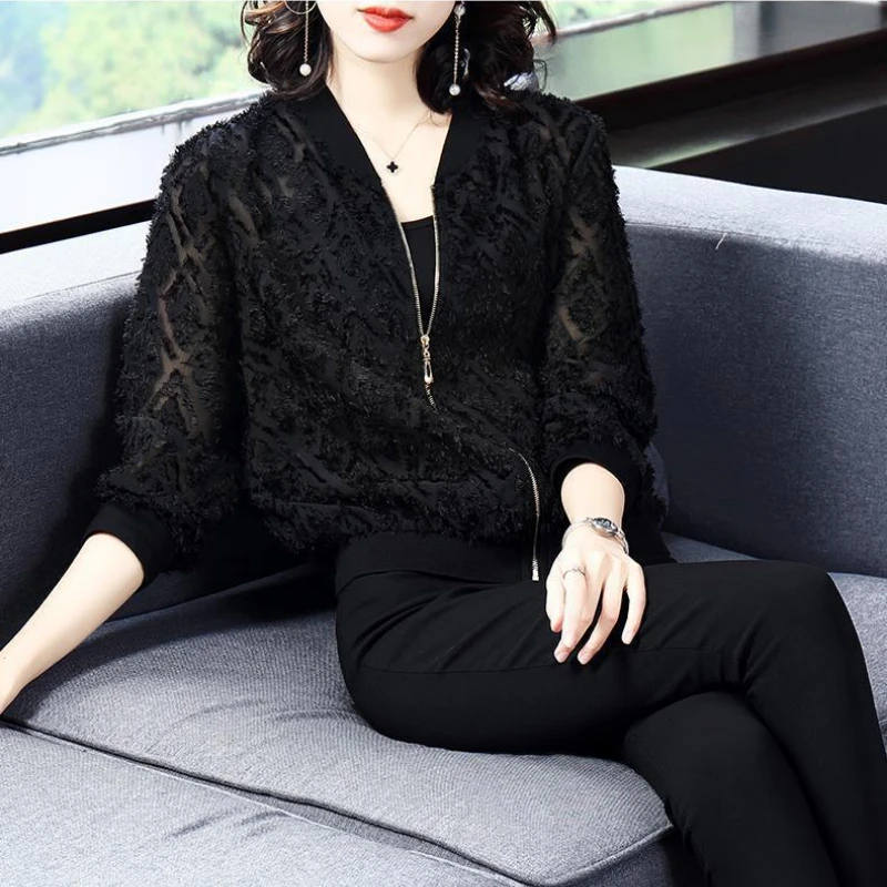 

Women's Lace Thin Top Short Jacket Plus Size Korean Fashion Loose Casual Long Sleeve Flocked Baseball Jersey Spring Autumn Grace