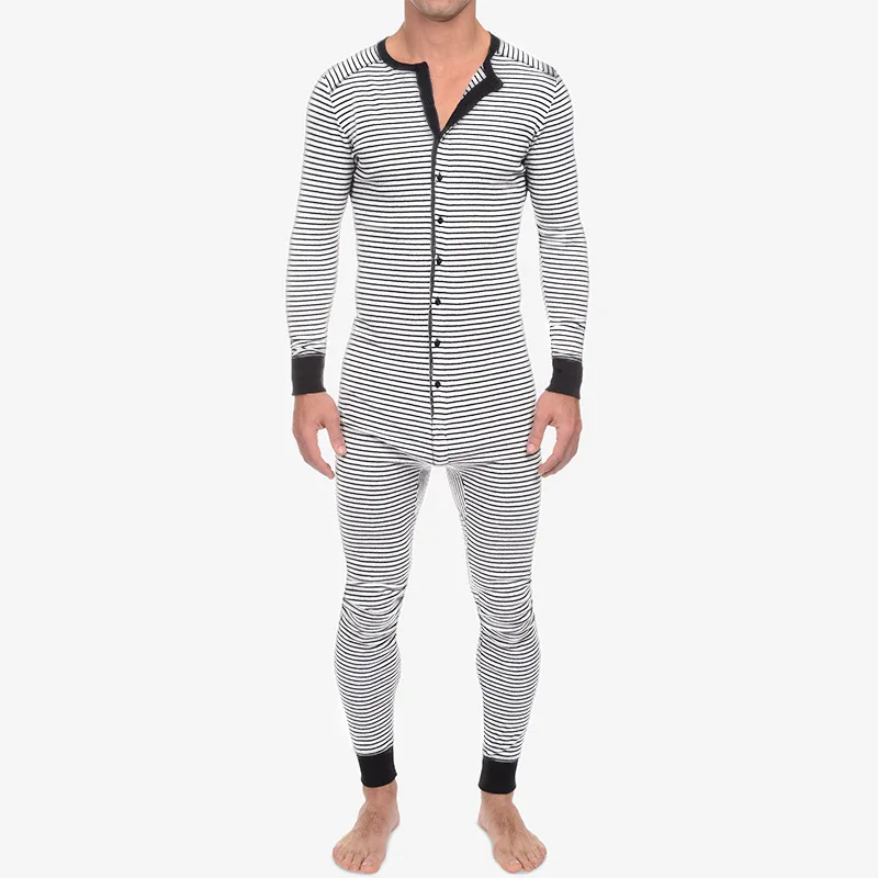Summer Men's Stripes Jumpsuit Pajamas Single Breasted Romper O-Neck Long Sleeve Home Wear Sexy Adult Nightgown Onesies
