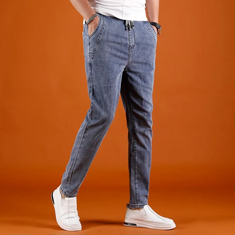 Summer Elastic Waist Jeans Men Streetwear Casual Light Blue Slim Fit Denim Pants