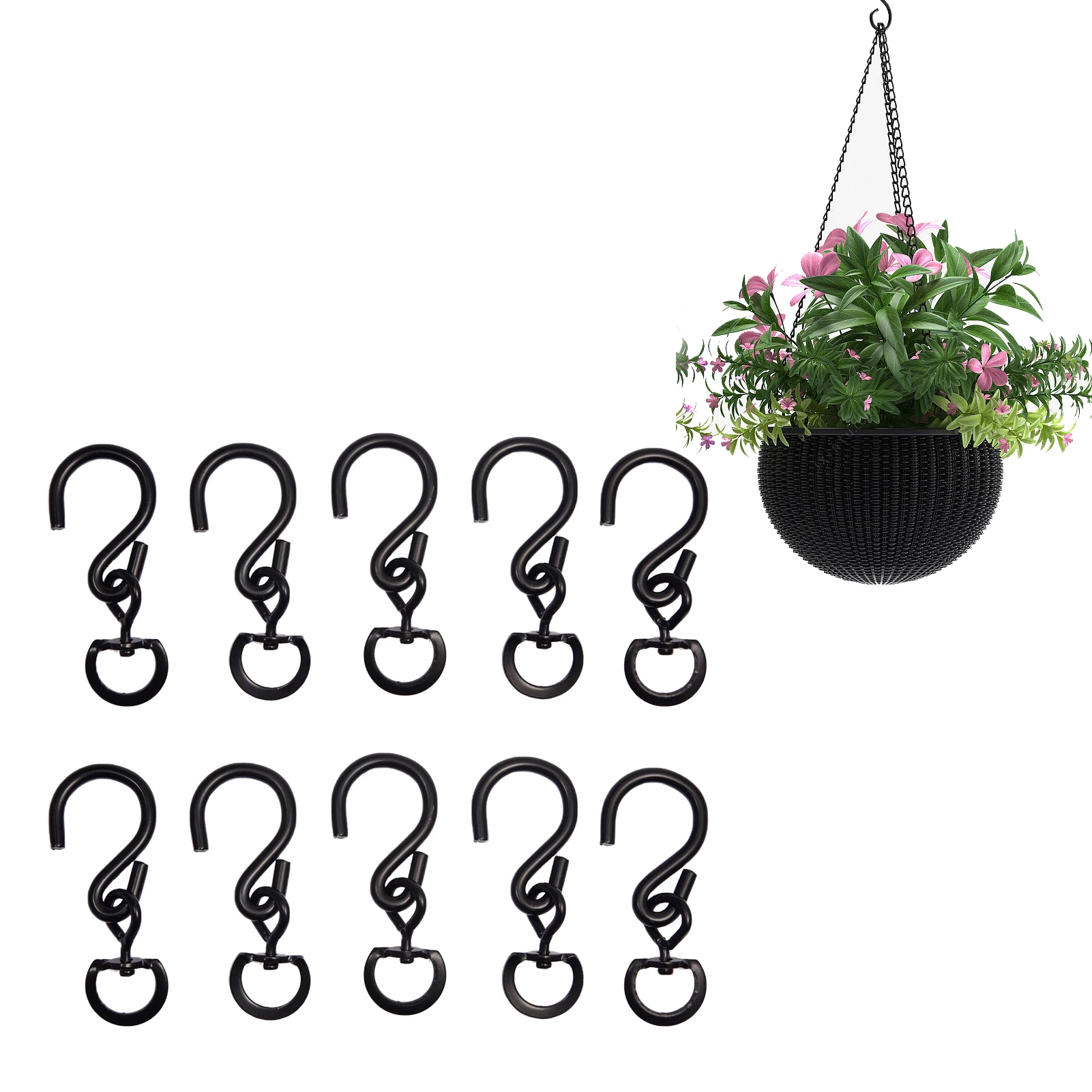 

Black Swivel Plant Basket Hook with Closed D Rings Easy to Turn Metal Flower Pot Rotating Buckle Hooks for Indoor & Outdoors