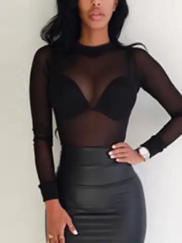 2022 Sexy Women Blouses See Through Transparent Mesh Stand Neck Long Sleeve Sheer Blouse Shirt Ladies Tops Tee