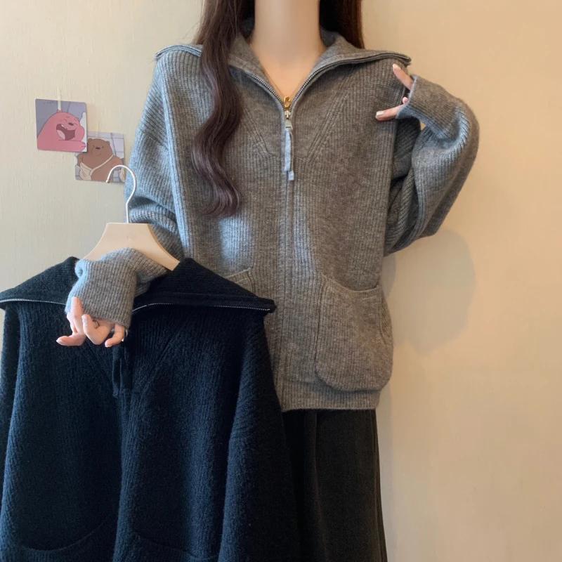 Осень-зима женский кардиган свитер пальто женские темно-синие свободные вязаные