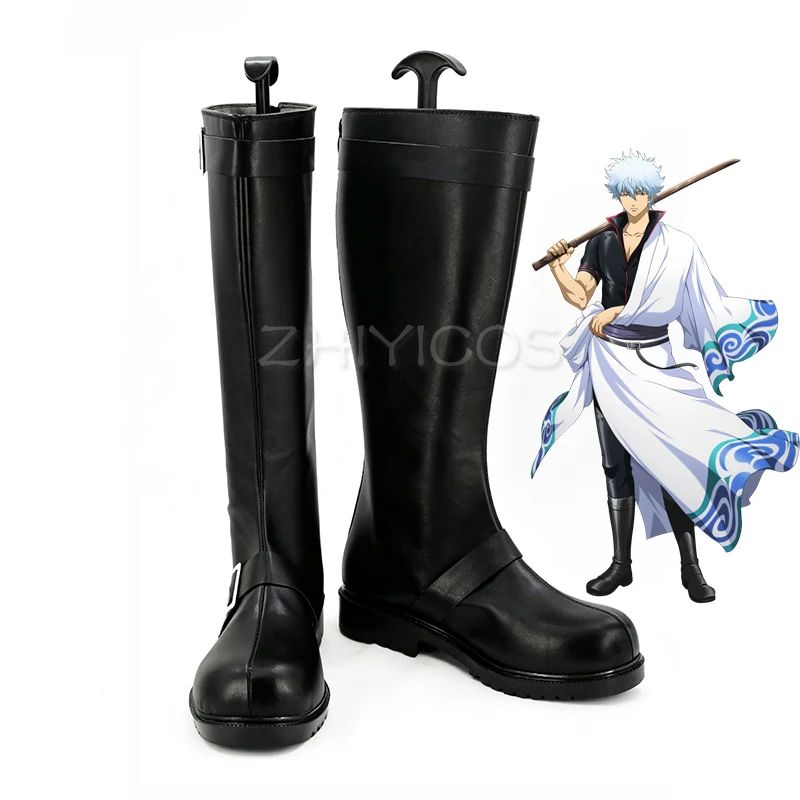 Фото Обувь для косплея ZHIYICOS Anime Gintama Sakata Gintoki, черные кожаные длинные сапоги на молнии, карнавальная обувь на Хэллоуин для мужчин и женщин №1