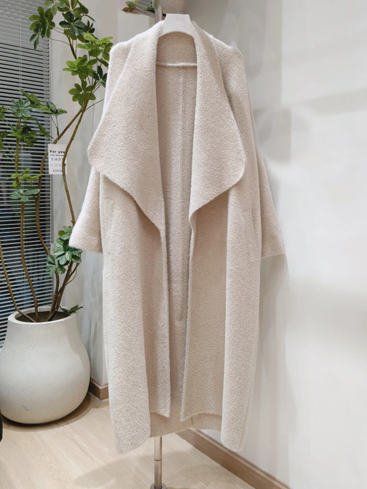 [EAM] Коричневый большой размер толстый длинный вязаный кардиган свитер с