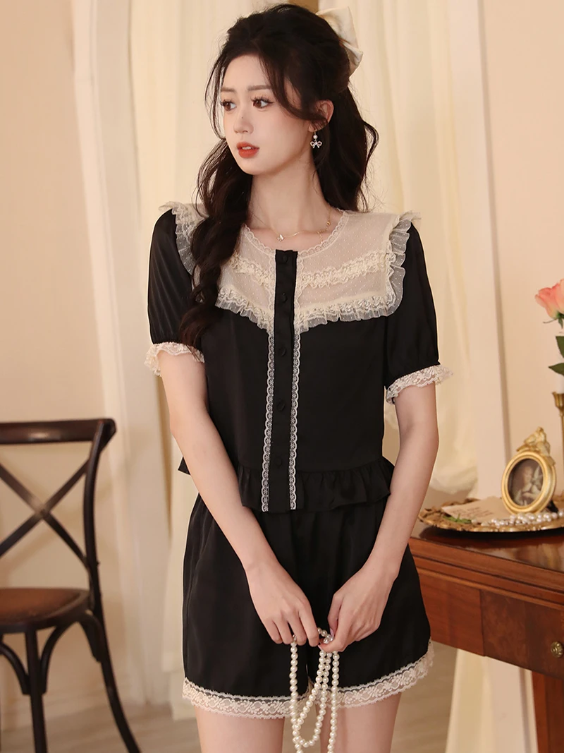 French Silk Pajamas Two Piece Suits Vintage Lace Ruffles Kawaii Shirt and Shorts Victorian Nightgowns Women Summer Sleepwear