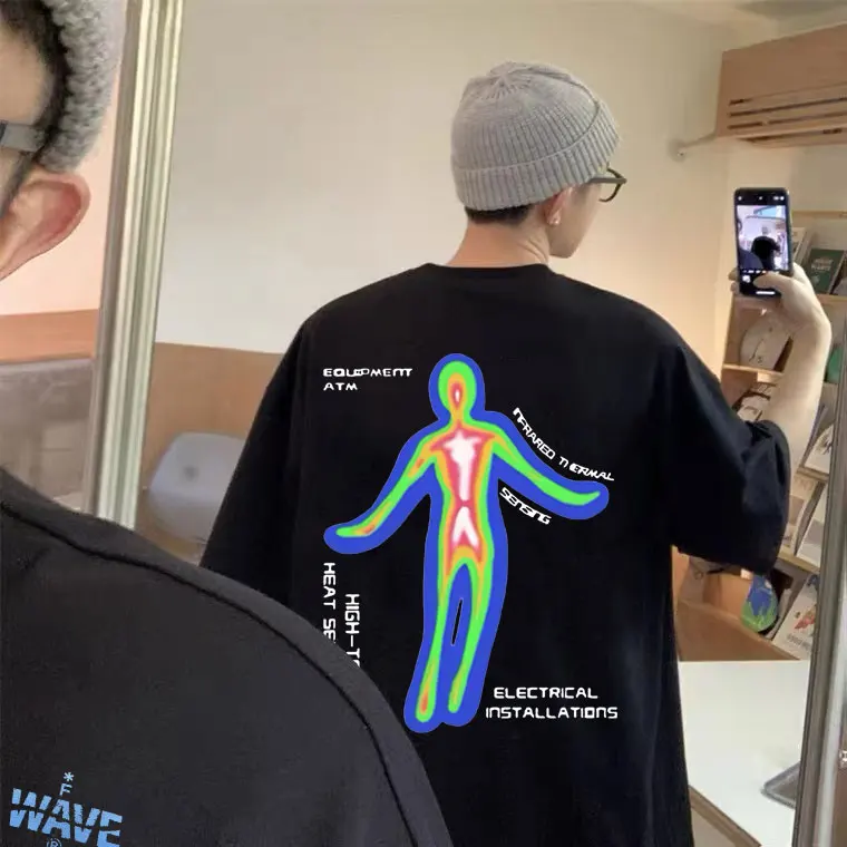 

Skeleton Thermal Imaging Double Sided Print T-shirt Oversized Men Women Cotton Fashion Tshirt Tops Man Hip Hop Black Streetwear