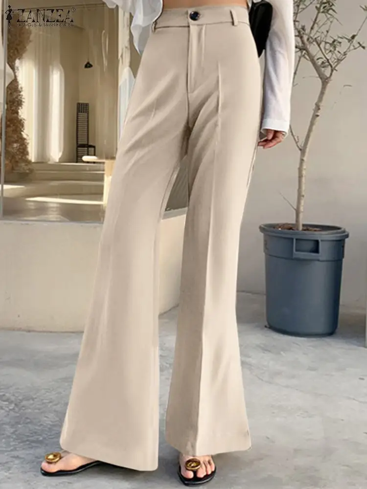 

ZANZEA Solid Flare Pants 2022 Fashion High Waist Trousers Women Office Elegant Maxi Pantalones Casual Slit Long Palazzo Oversize