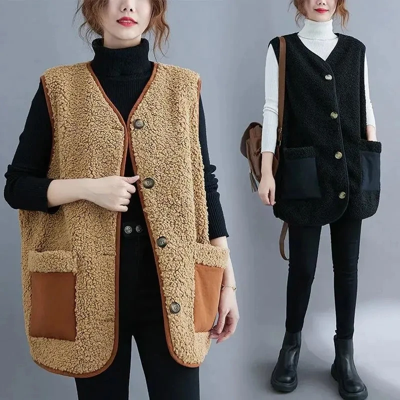 

2023 New Lamb Wool Vest Women Jacket Warm Casual Jacket Autumn Winter Waistcoat Female Outside Wear Fashion Plush Coat