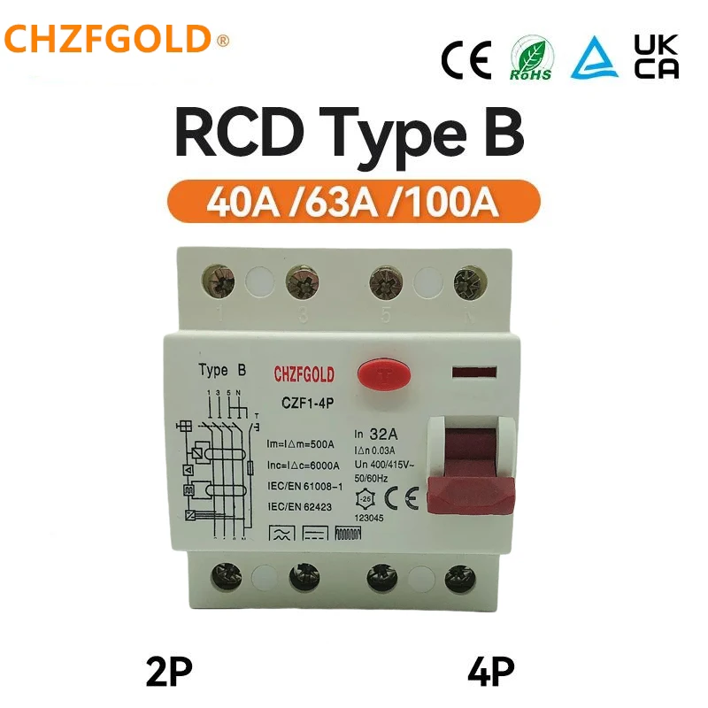 CHZFGOLD A Type BTYPE RCD RCCB 30MA 2-pole 10kA 3P+N 4P 40A DC 230V EKL6-100H Electromechanical Residual Current Circuit Breaker