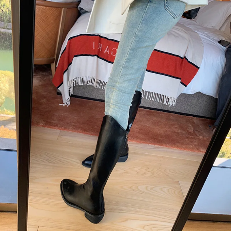 Pointed Toe Med Heels Knee High Boots Women Fashion Back Zipper Pu Leather Long Boots Woman 2022 Autumn Square Heel Botas Mujer