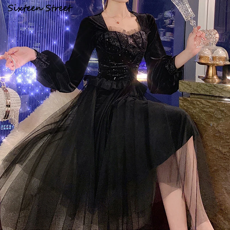 

Black Elegant Dress for Women 2022 Spring Summer Party Dresses Women High Waist Runway Velvet Clothing Vestido L