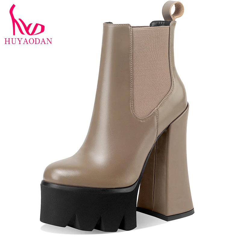 

Women's Shoes New Fashion Genuine Leather Chunky High Heel Platform Black Autumn Winter Warm Ankle Boots Dress Party Office Lady
