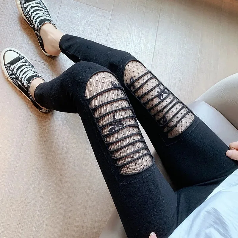 

Pants High Waisted Hollow Out Gauze Leggings Women Casual Female Legging Elastic Skinny Tights