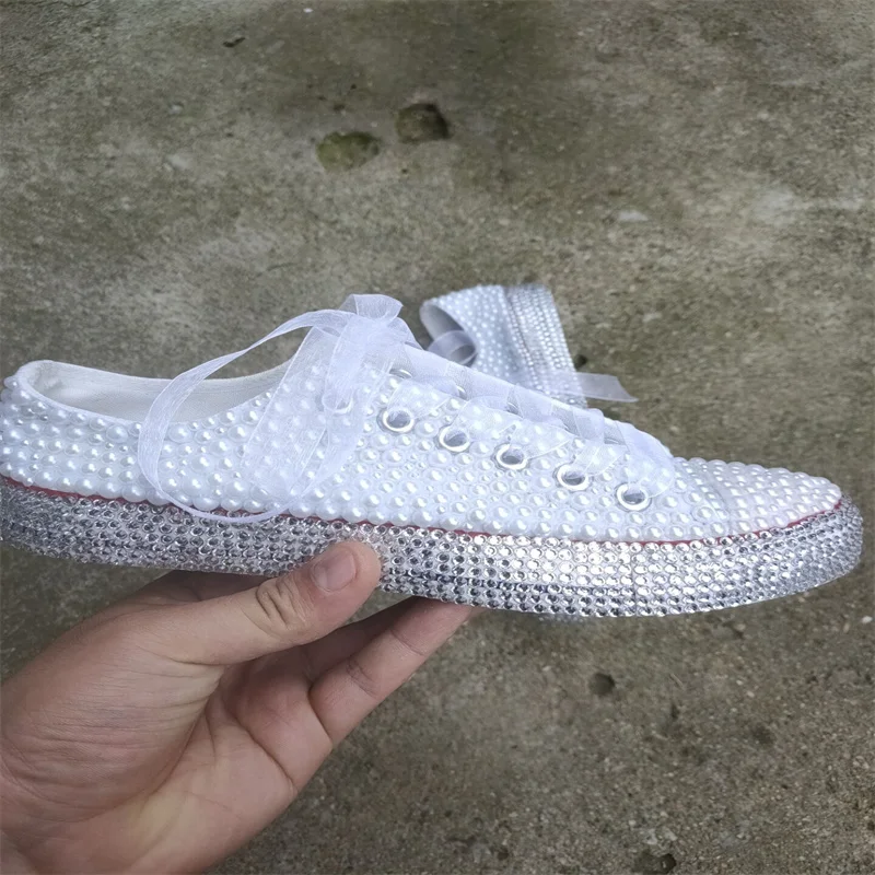 Handmade custom rhinestone pearl stitching ribbon trim simple fashion all-match canvas shoes women's large size 35-46