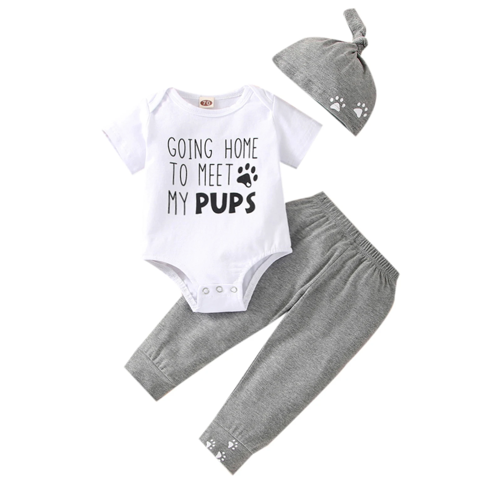 

2022-03-29 Lioraitiin 0-18M Newborn Boy Girl 3Pcs Outfits Letter Print Short Sleeve Snap Crotch Romper Paw Print Trousers Hat