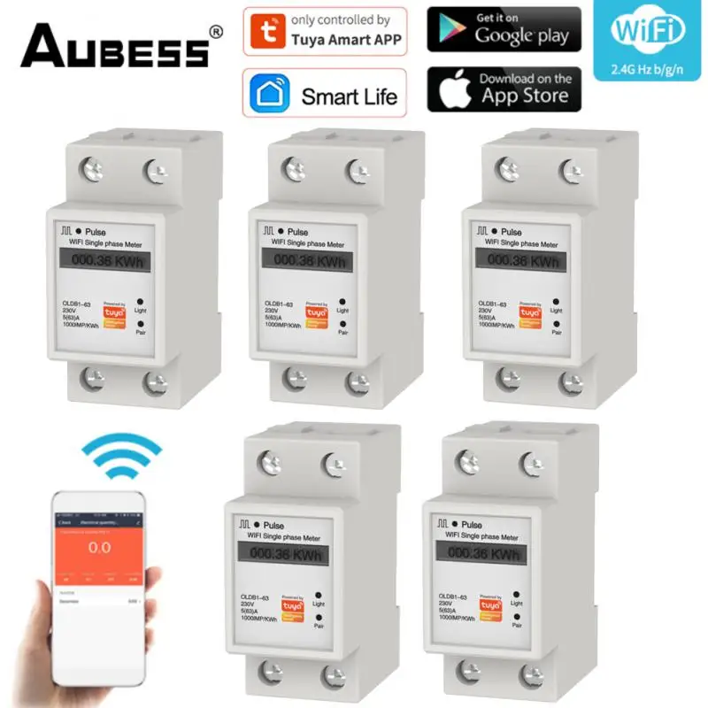

Aubess Tuya WiFi Single Phase Din Rail Smart Energy Meter Timer Power Consumption Monitor KWh Meter Wattmeter for Google Home